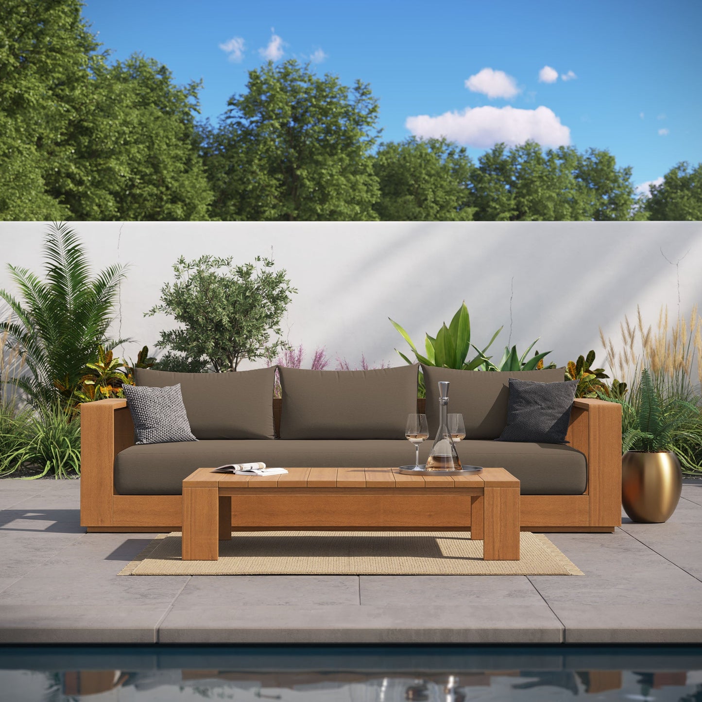 Tahoe 2-Piece Outdoor Patio Acacia Wood Sofa and Coffee Table Set