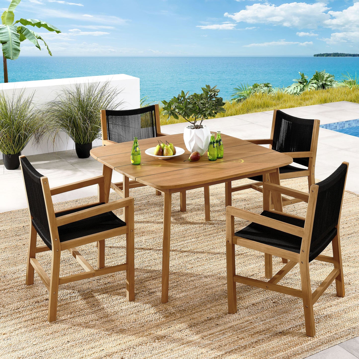 Vienna 5-Piece Outdoor Patio Teak and Rope Dining Set with Armchairs
