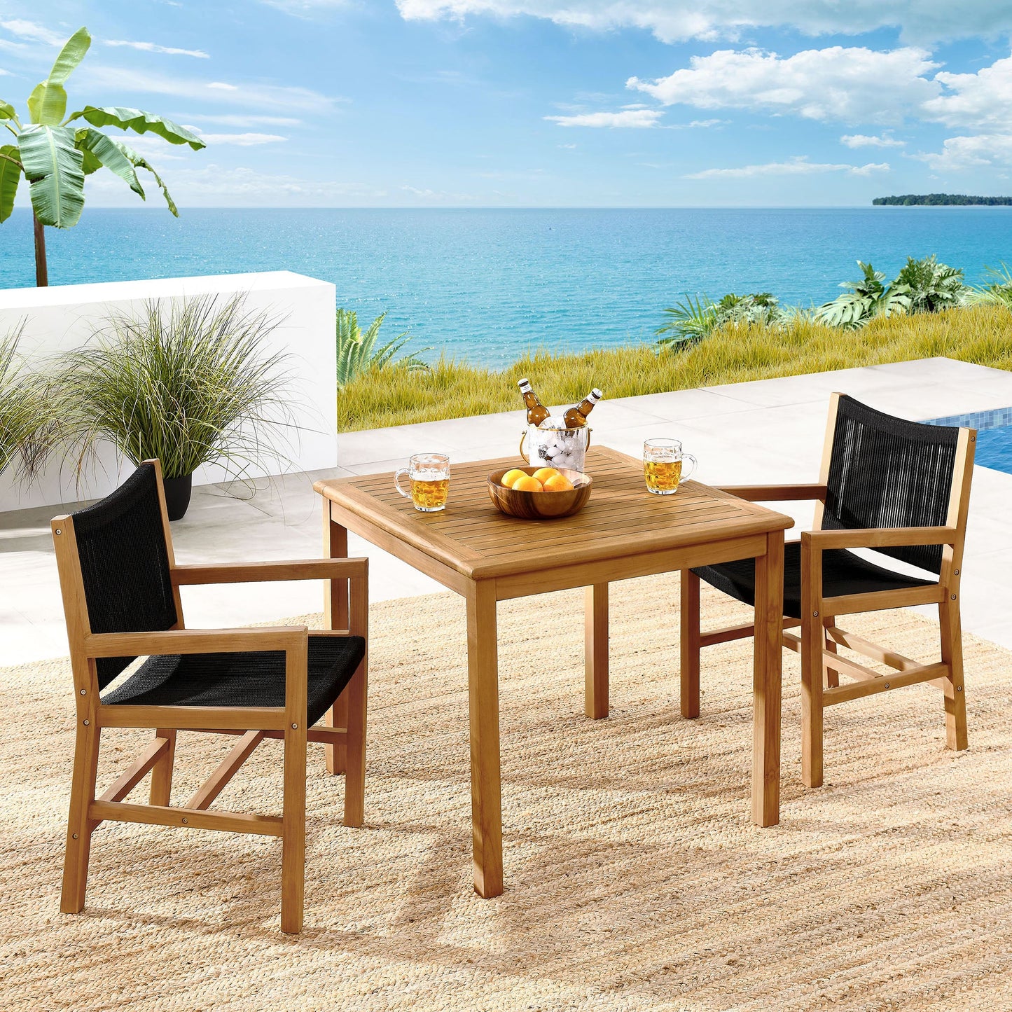 Vienna 3-Piece Outdoor Patio Teak and Rope Dining Set with Armchairs