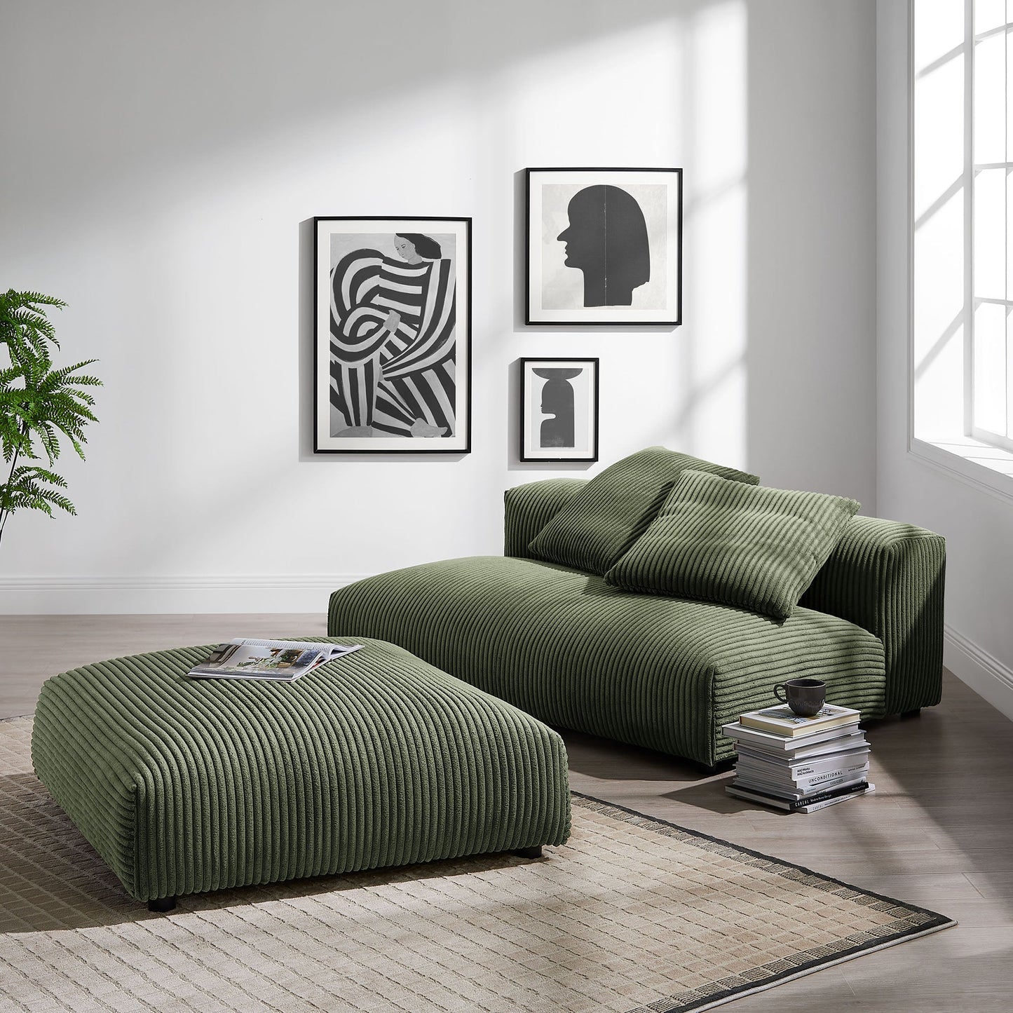 Solace  Modular Corduroy Upholstered Armless Loveseat and Ottoman Set