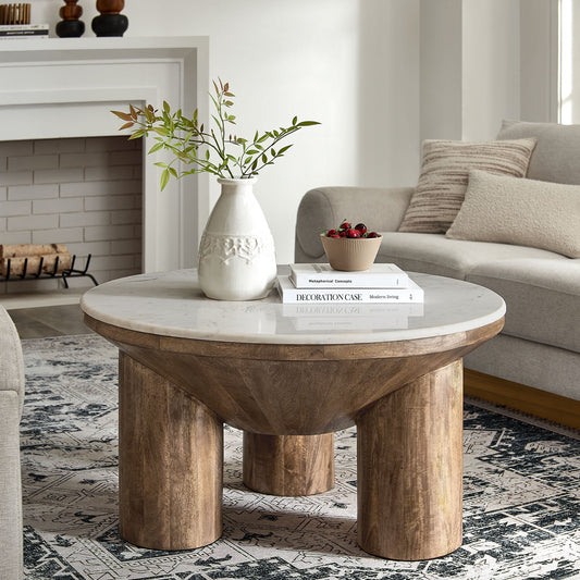 Ellison 33" Round Wood Coffee Table With Marble Top