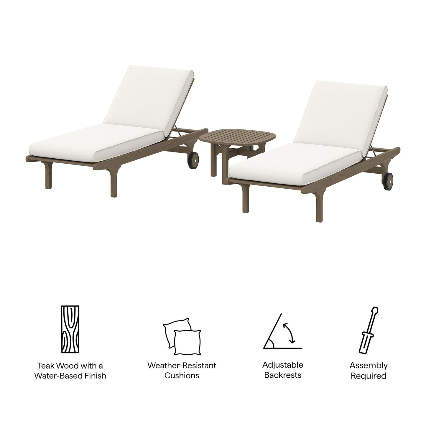 Saratoga Outdoor Patio Teak Wood 3-Piece Chaise Lounge Furniture Set