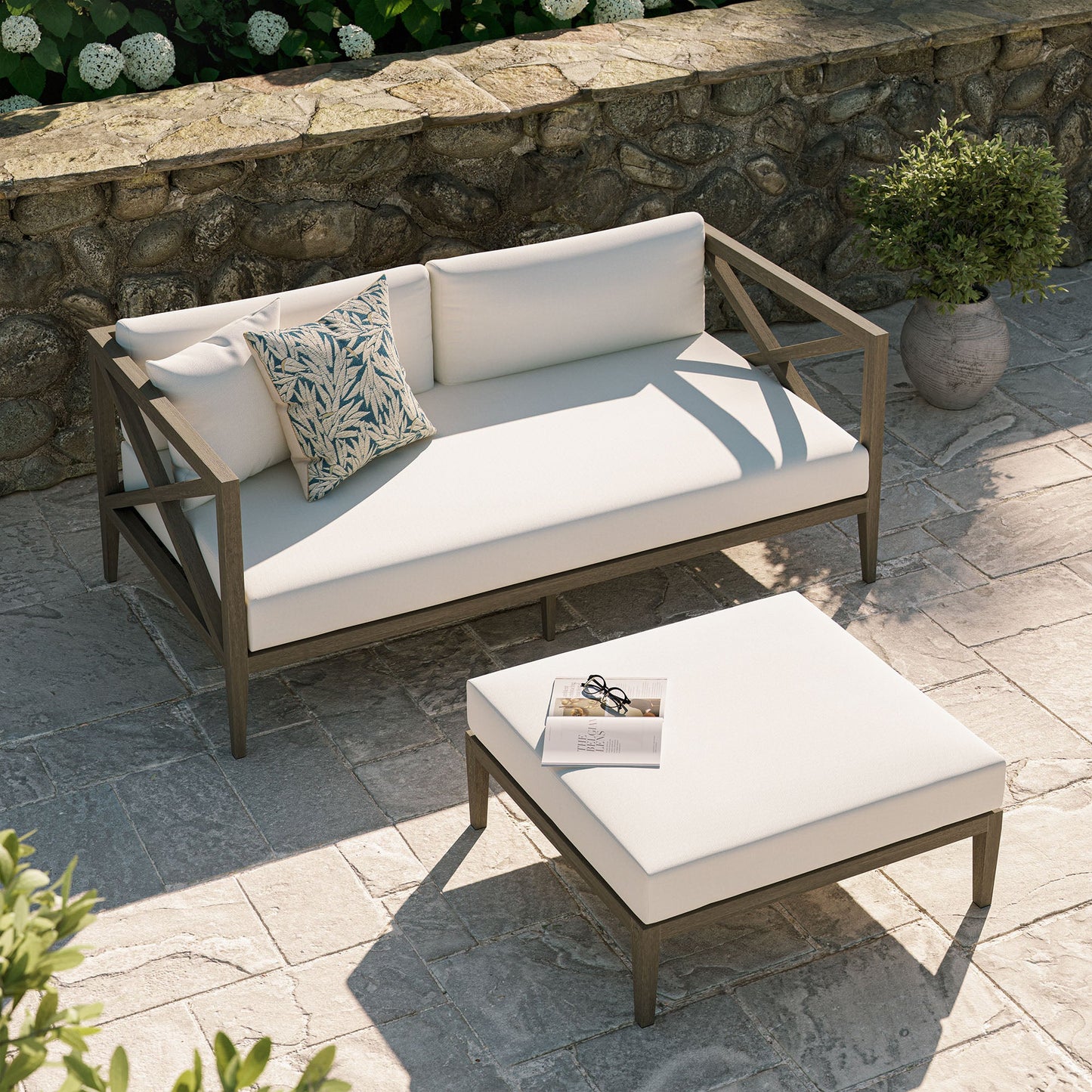 Northlake Outdoor Patio Teak Wood Loveseat and Ottoman Set