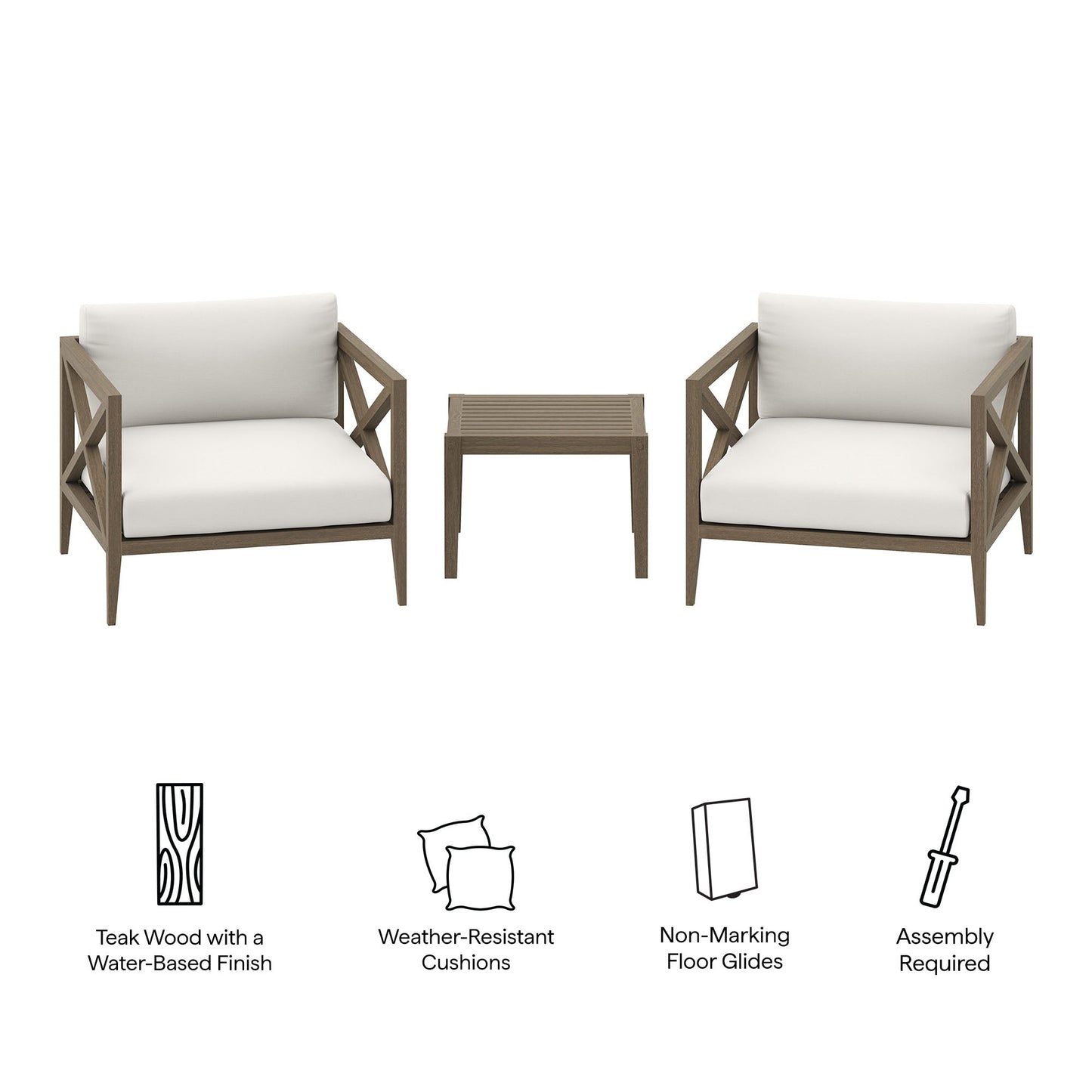 Northlake 3-Piece Outdoor Patio Teak Wood Furniture Set with Armchair and Side Table