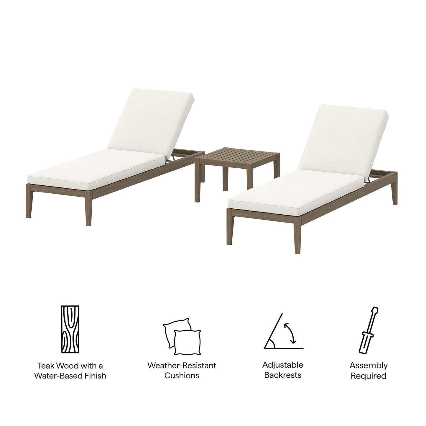 Northlake 3-Piece Outdoor Patio Teak Wood Furniture Set with Chaise Lounges and Side Table