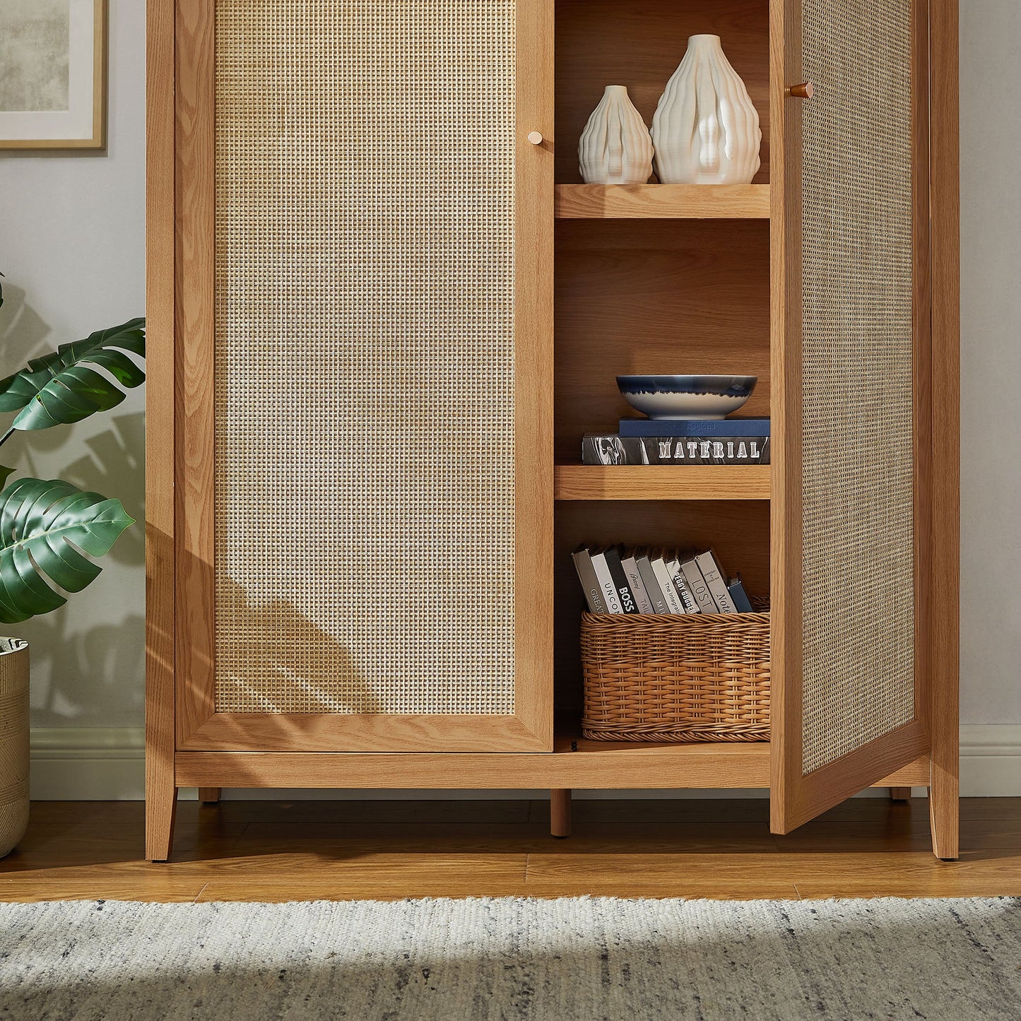Calista 79" Tall Wide Rattan Arched Storage Cabinet