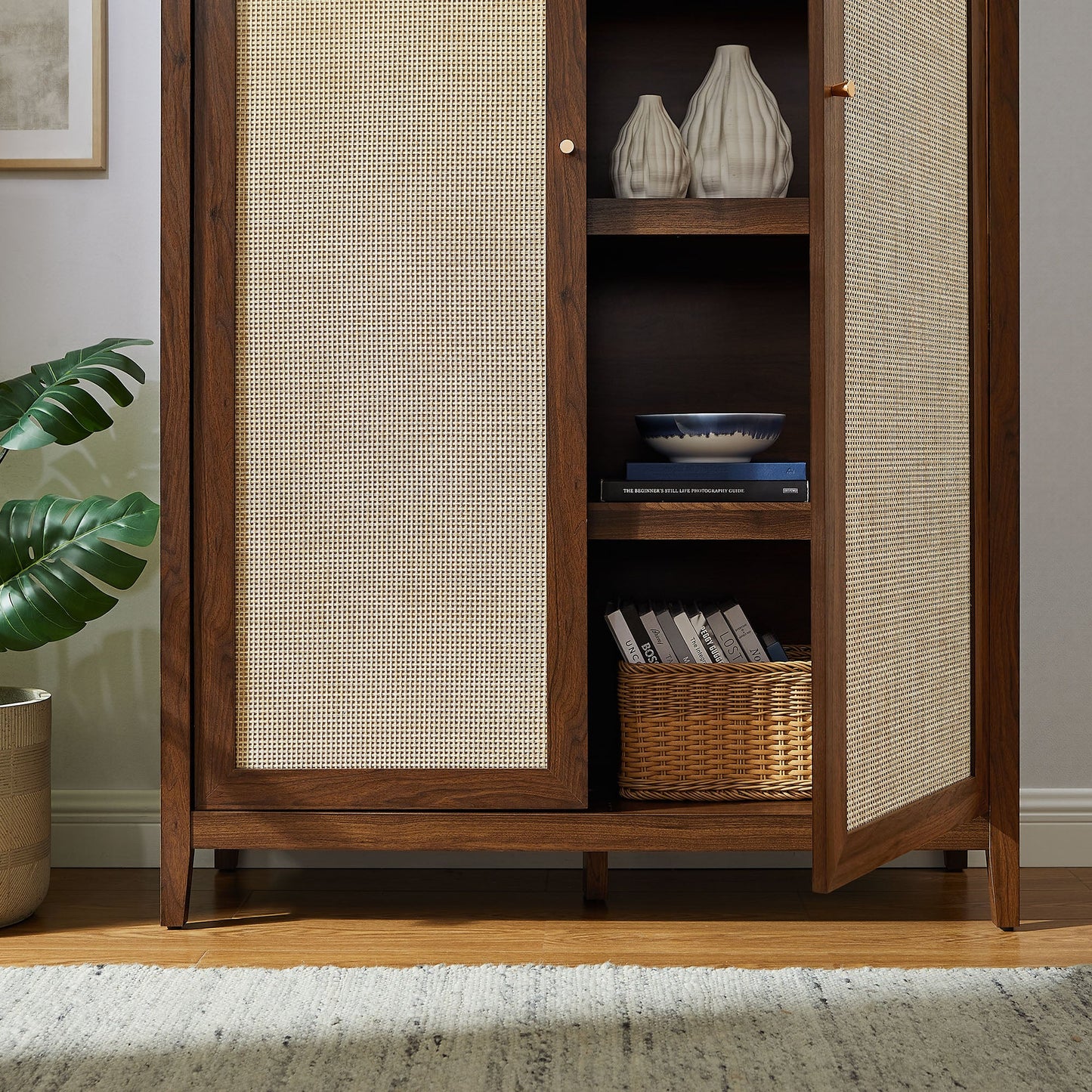 Calista 79" Tall Wide Rattan Arched Storage Cabinet