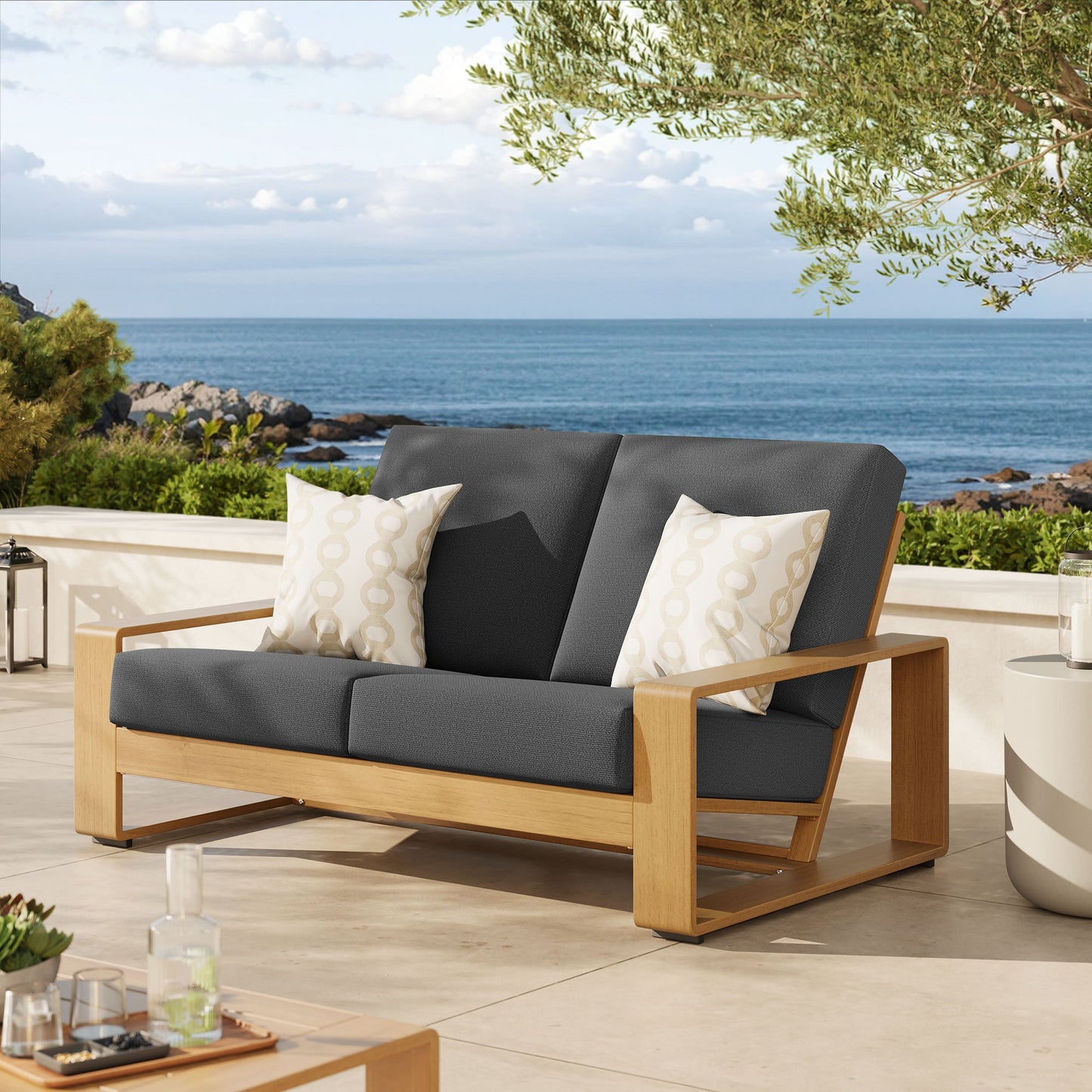 Lirienne Outdoor Patio Aluminum Faux Wood Loveseat