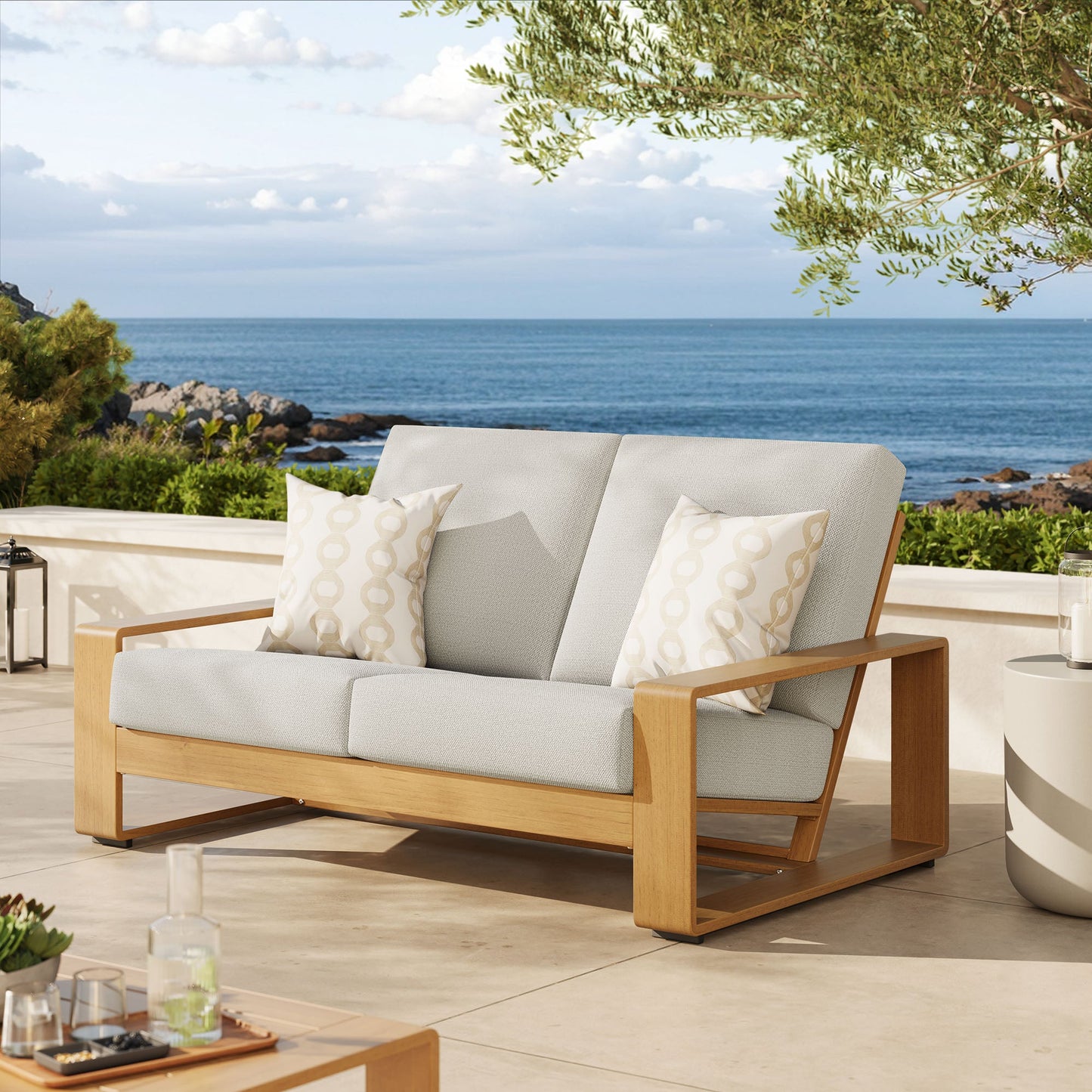 Lirienne Outdoor Patio Aluminum Faux Wood Loveseat