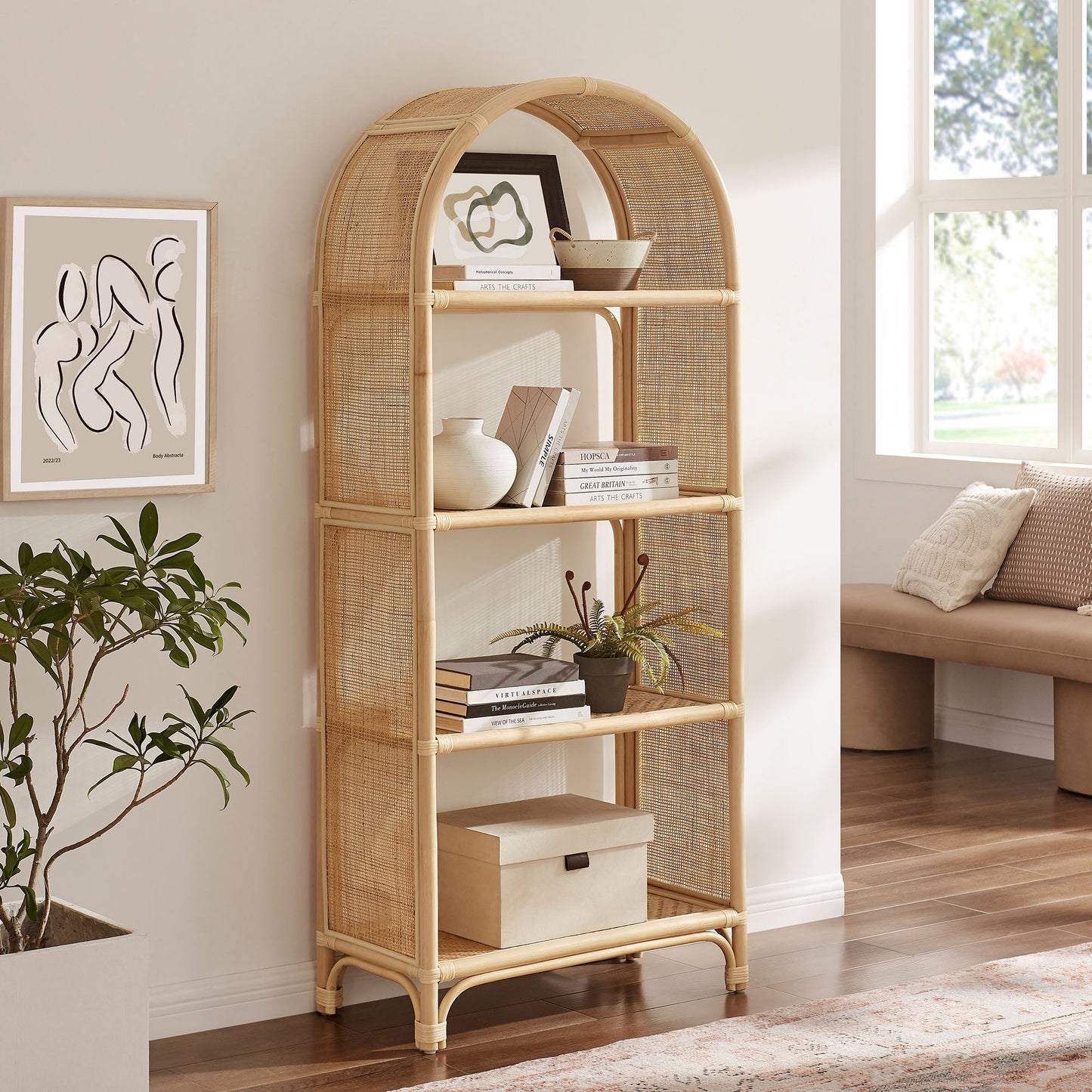 Celeste 67 Inch Tall Arched Natural Rattan Bookshelf