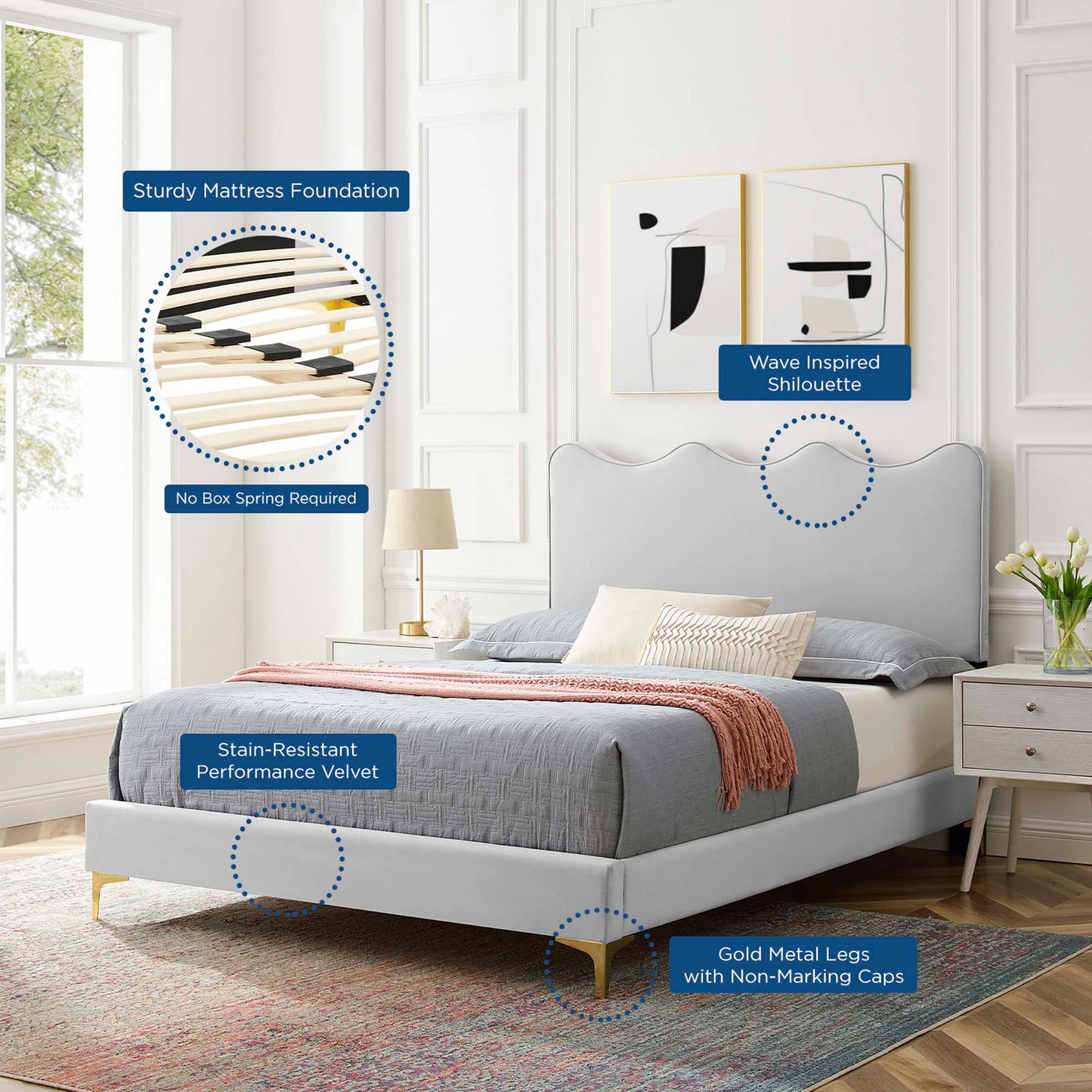 Current Performance Velvet Platform Bed With Gold Metal Legs