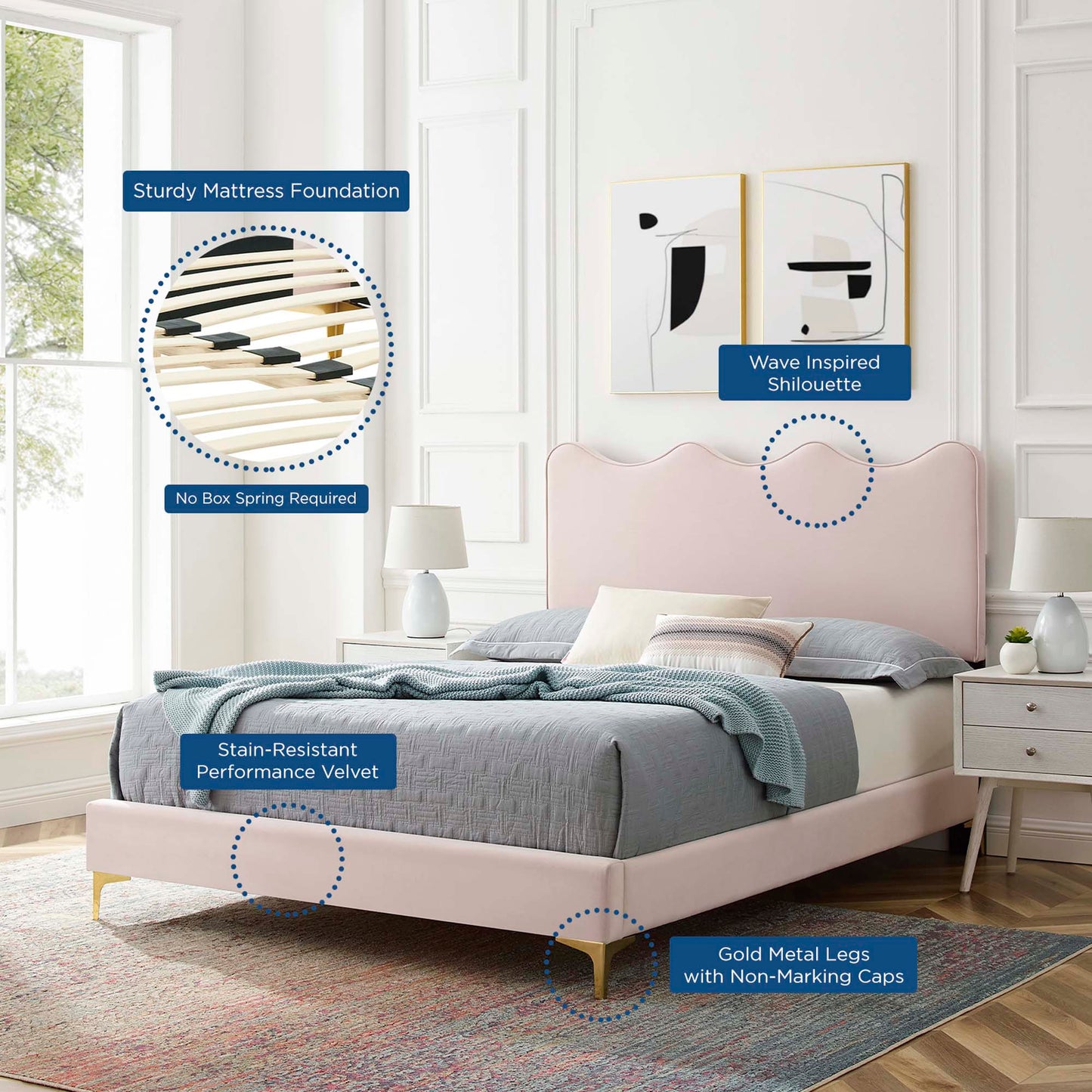 Current Performance Velvet Platform Bed With Gold Metal Legs