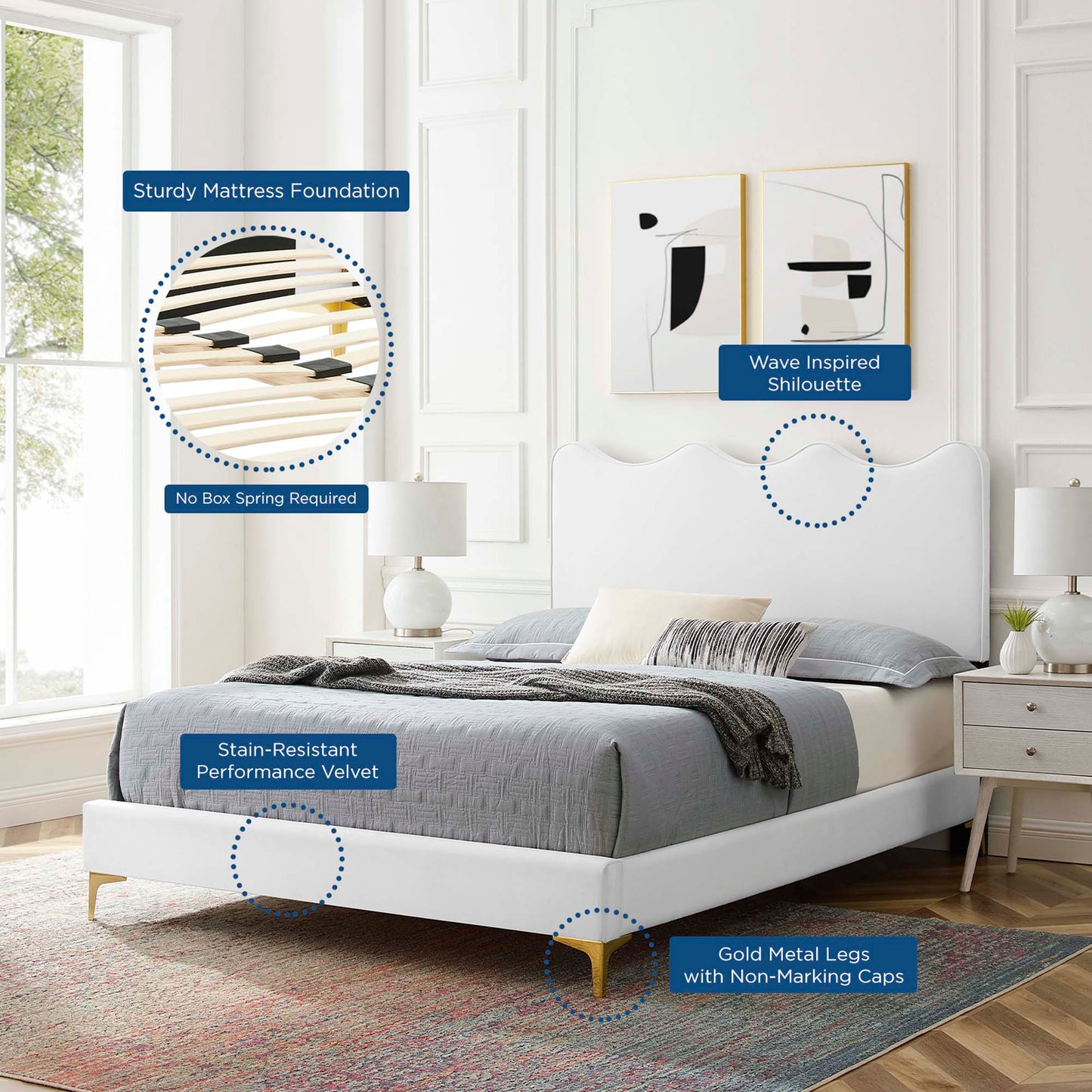 Current Performance Velvet Platform Bed With Gold Metal Legs