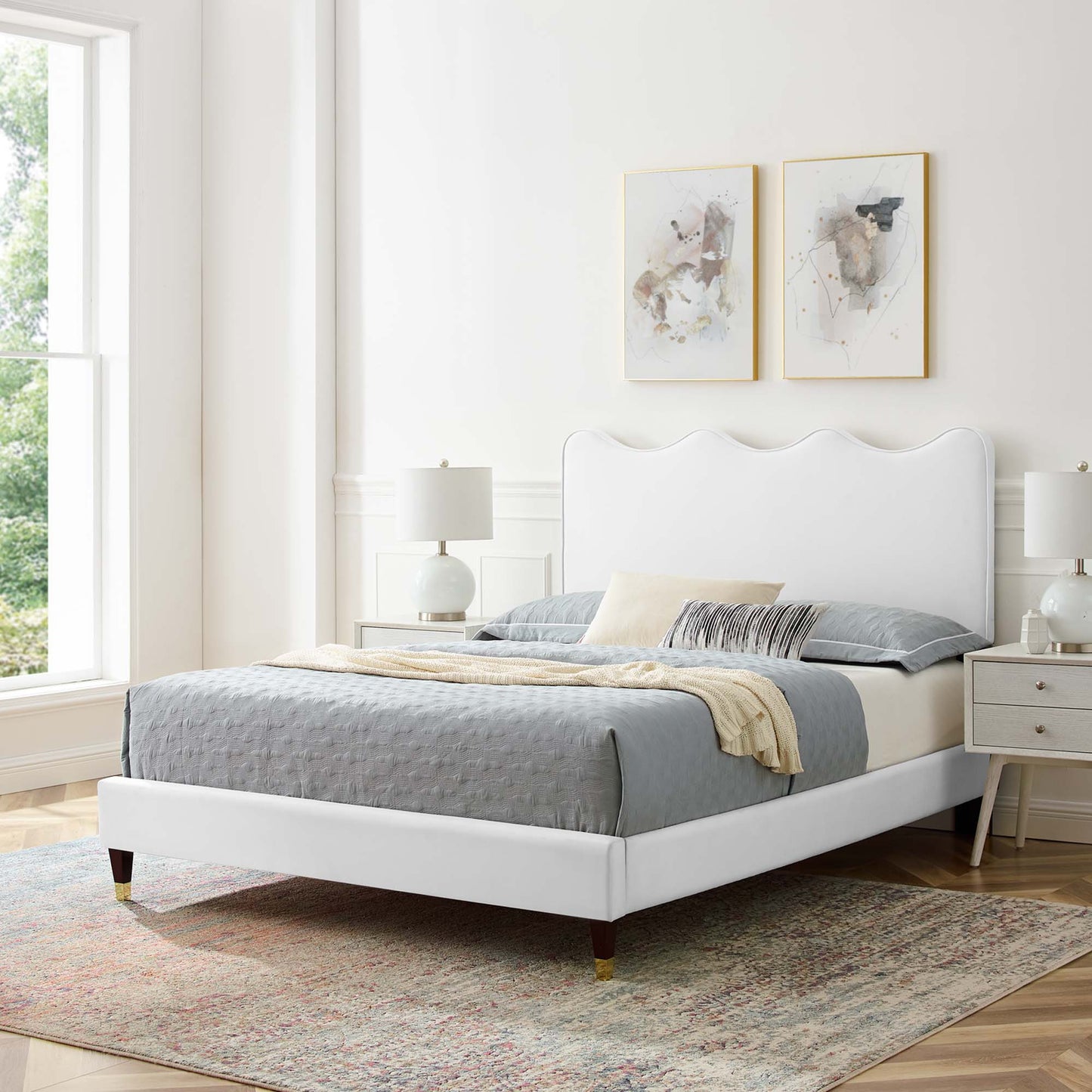Current Performance Velvet Platform Bed With Wood and Gold Legs
