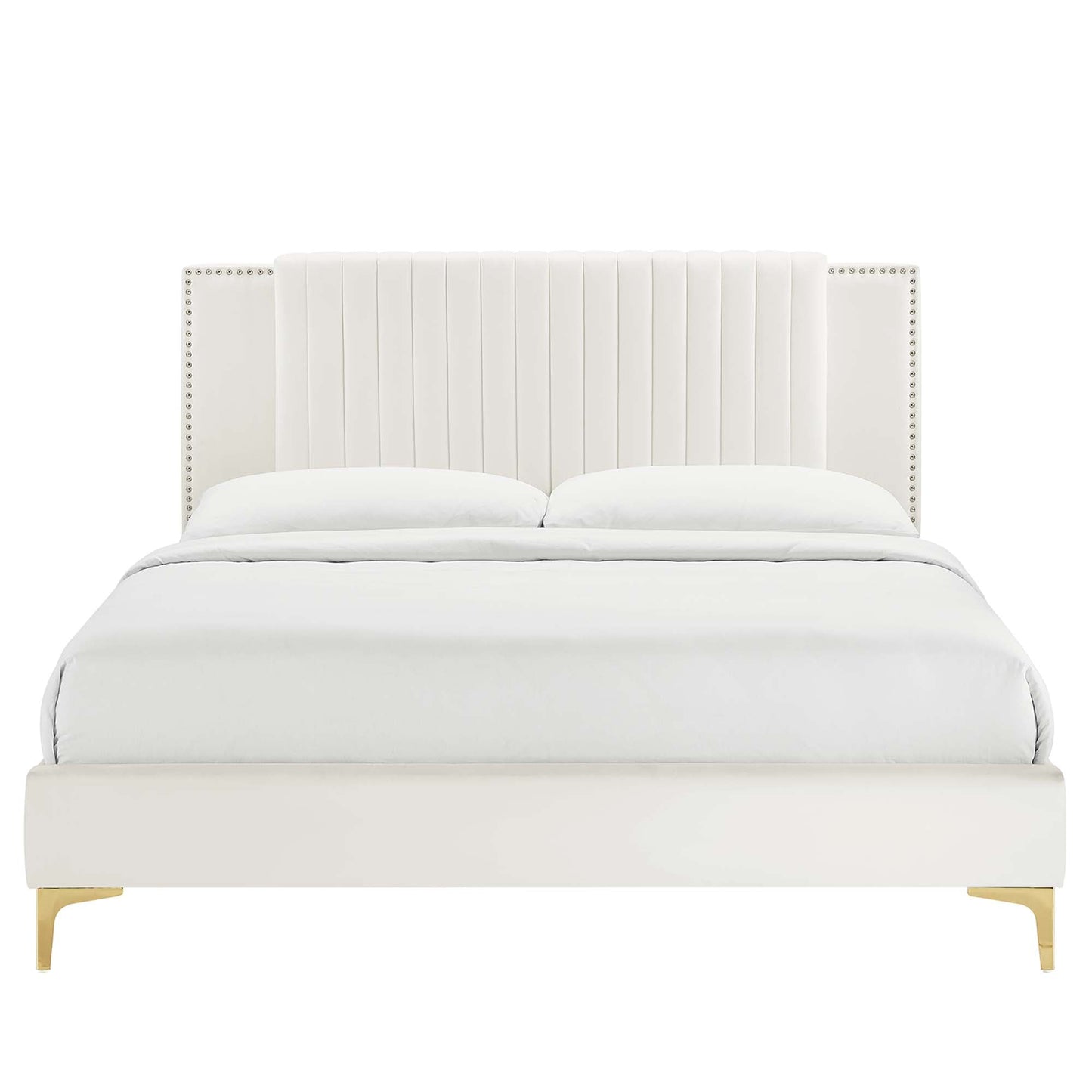 Zahra Channel Tufted Performance Velvet Platform Bed With Gold Metal Legs