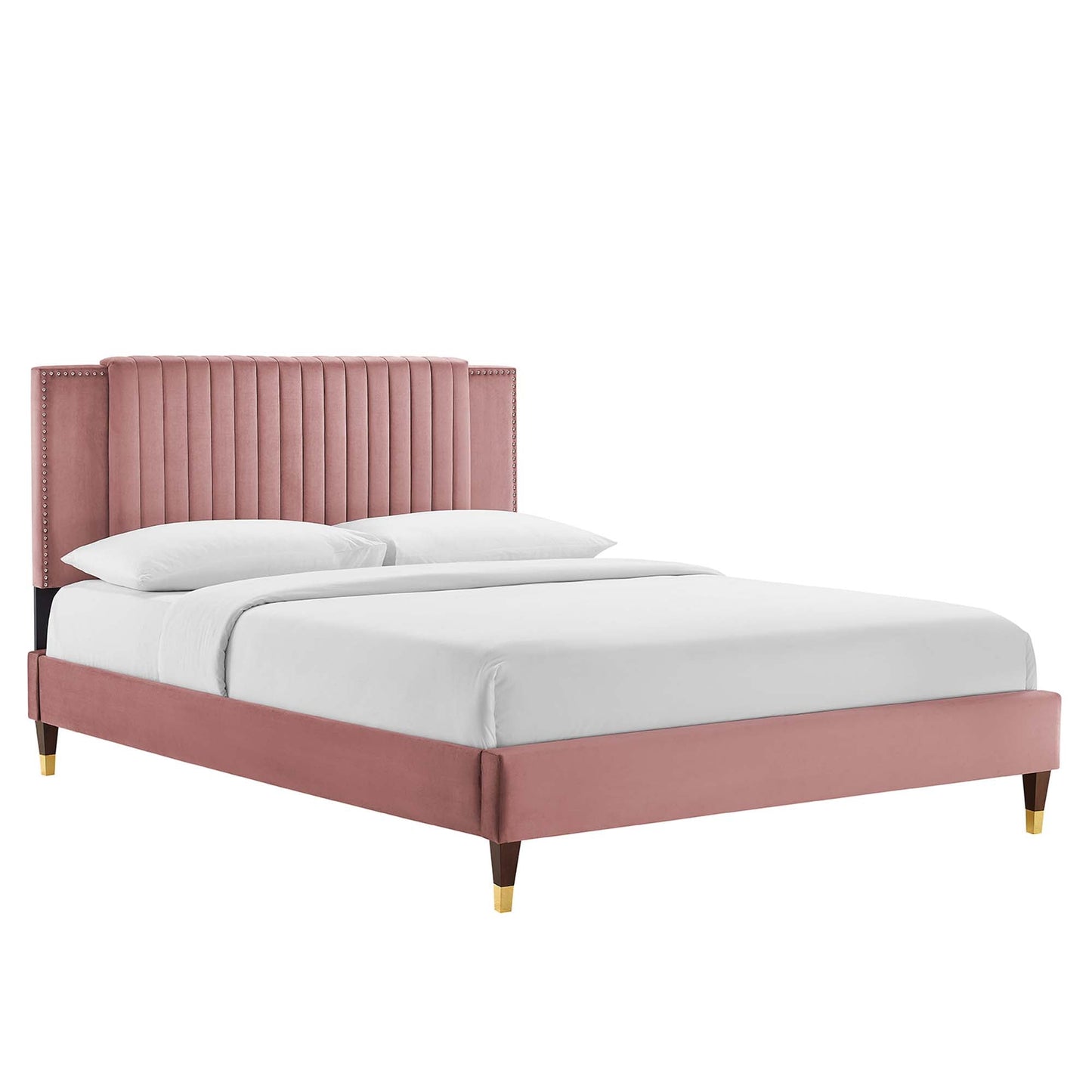 Zahra Channel Tufted Performance Velvet Platform Bed With Wood and Gold Legs