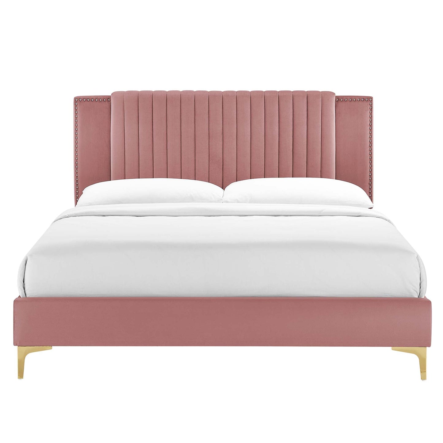 Zahra Channel Tufted Performance Velvet Platform Bed With Gold Metal Legs