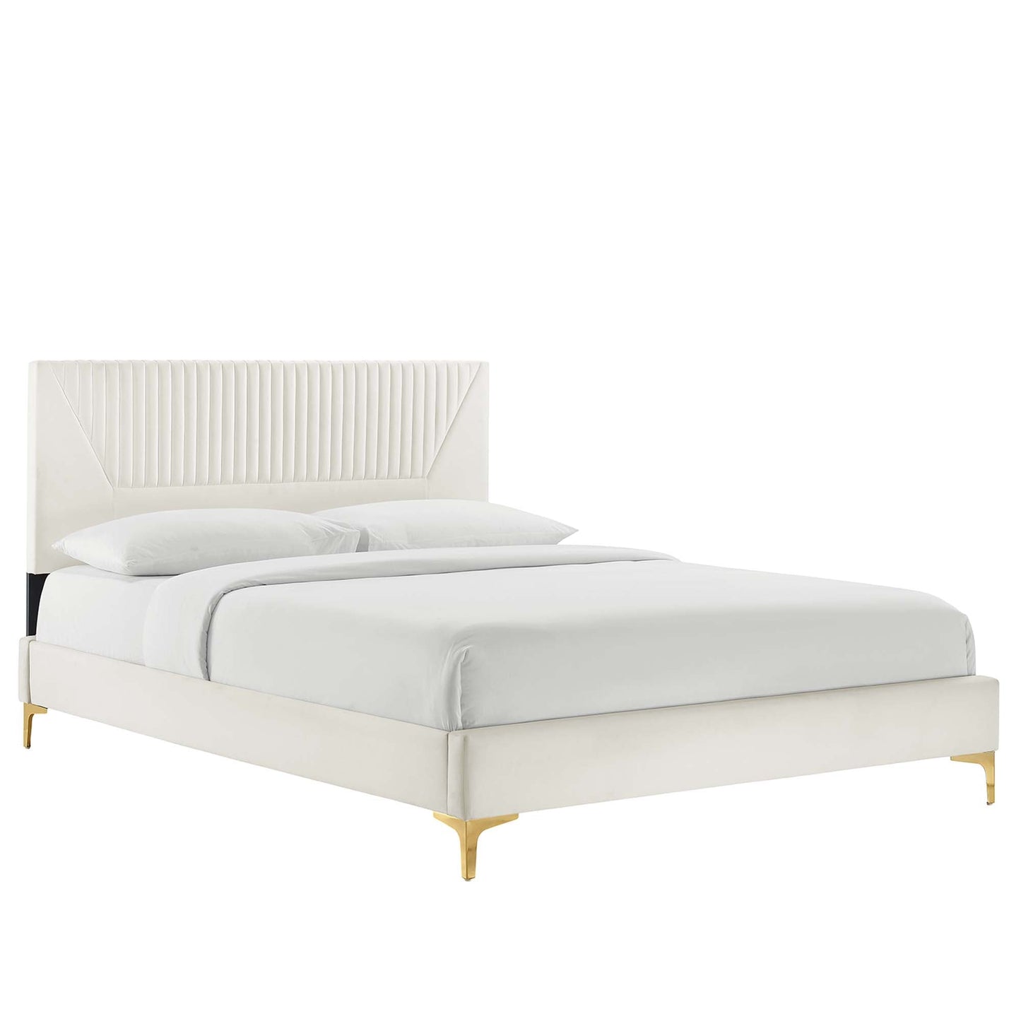 Yasmine Channel Tufted Performance Velvet Platform Bed With Gold Metal Legs