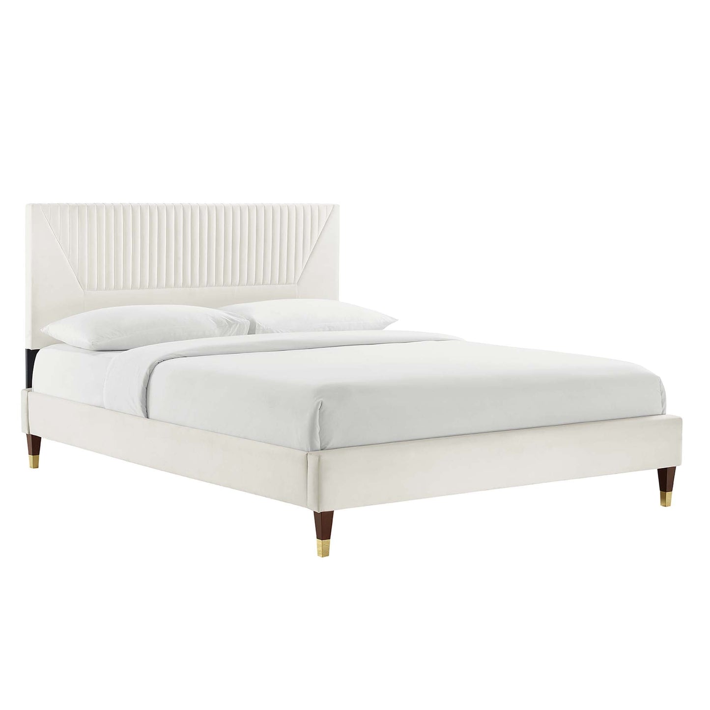 Yasmine Channel Tufted Performance Velvet Platform Bed With Wood and Gold Legs